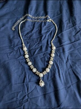 Silver Pearl and Crystal Drop Necklace